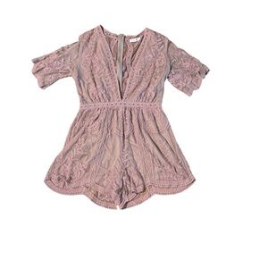 Honey Punch Boho Floral Embroidered Lace Romper One Piece Plunge V-Neck Pink L